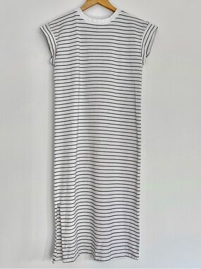 White and Black Striped Midi T-Shirt Dress with Slits